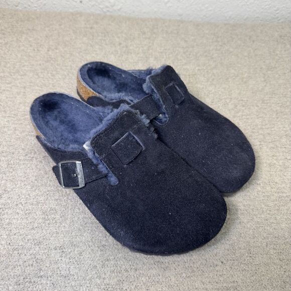 Birkenstock Boston Shearling Women 41 Navy Suede Slip On Clog Comfort Walking - Picture 1 of 10